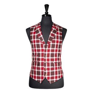 Mens Plaid Wool Vest 42R Red Brown Waistcoat Groom Wedding Party Formal Casual